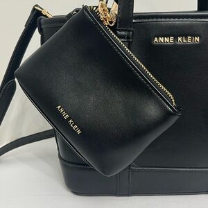 Anne Klein Black Crossbody Bag with Detachable Zip Pouch and Gold Hardware